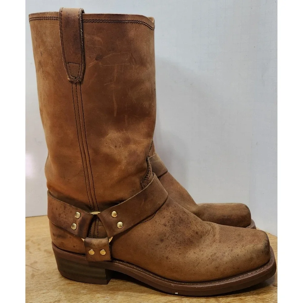 Dingo Dean Tan Harness Boots Square Toe Biker Pull On Brown Distressed Size 11 D